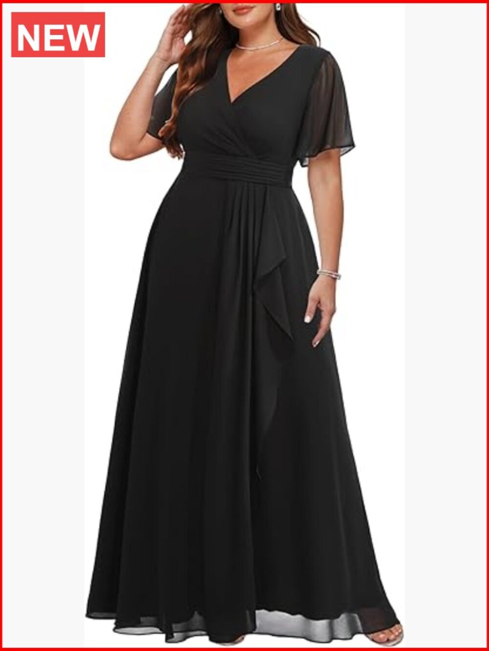Plus Size Formal V-Neck Ruffle Short Sleeve Chiffon Long Dress